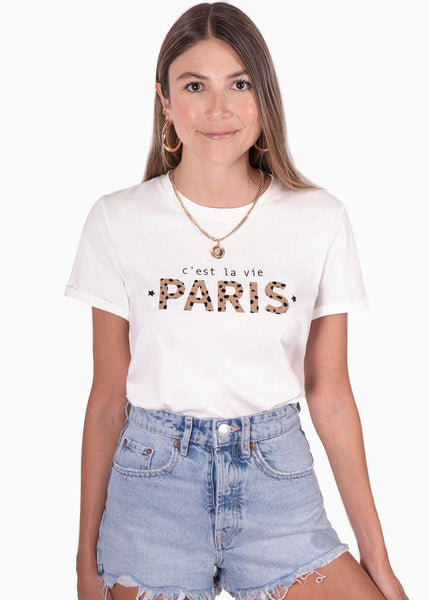 Camiseta con estampado "c'est la vie paris" de animal print color blanco, marfil para mujer - Flashy