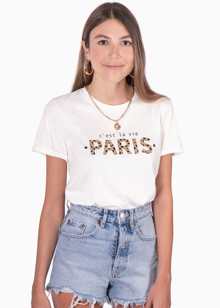 Camiseta con estampado "c'est la vie paris" de animal print color blanco, marfil para mujer - Flashy