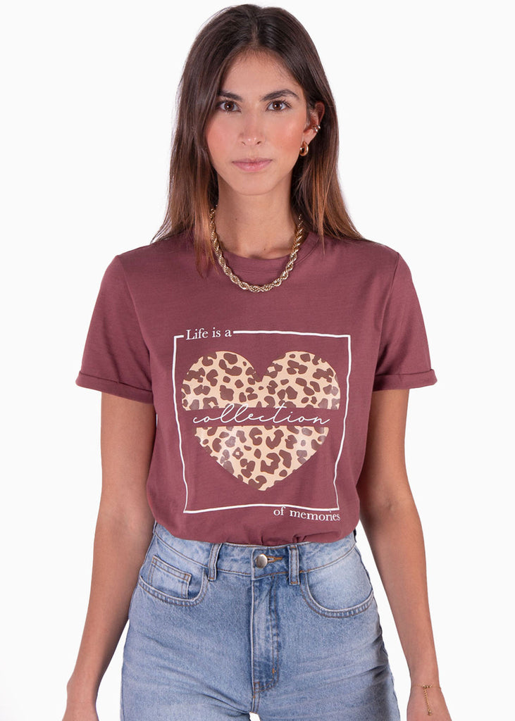 Camiseta con estampado de corazón en animal print color terracota para mujer - Flashy