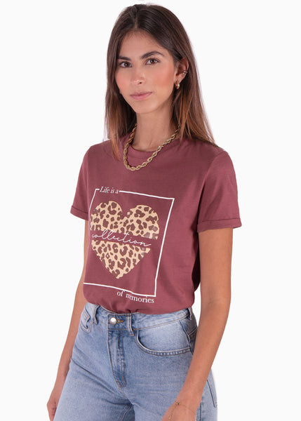 Camiseta con estampado de corazón en animal print color terracota para mujer - Flashy