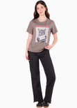 Camiseta con estampado de gato color café para mujer - Flashy