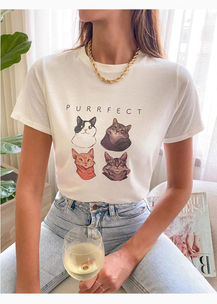 Camiseta con estampado de gatos "Purrfect" color marfil para mujer - Flashy