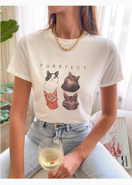 Camiseta con estampado de gatos "Purrfect" color marfil para mujer - Flashy