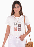Camiseta con estampado de gatos "Purrfect" color marfil para mujer - Flashy