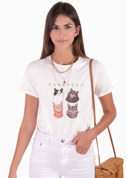 Camiseta con estampado de gatos "Purrfect" color marfil para mujer - Flashy