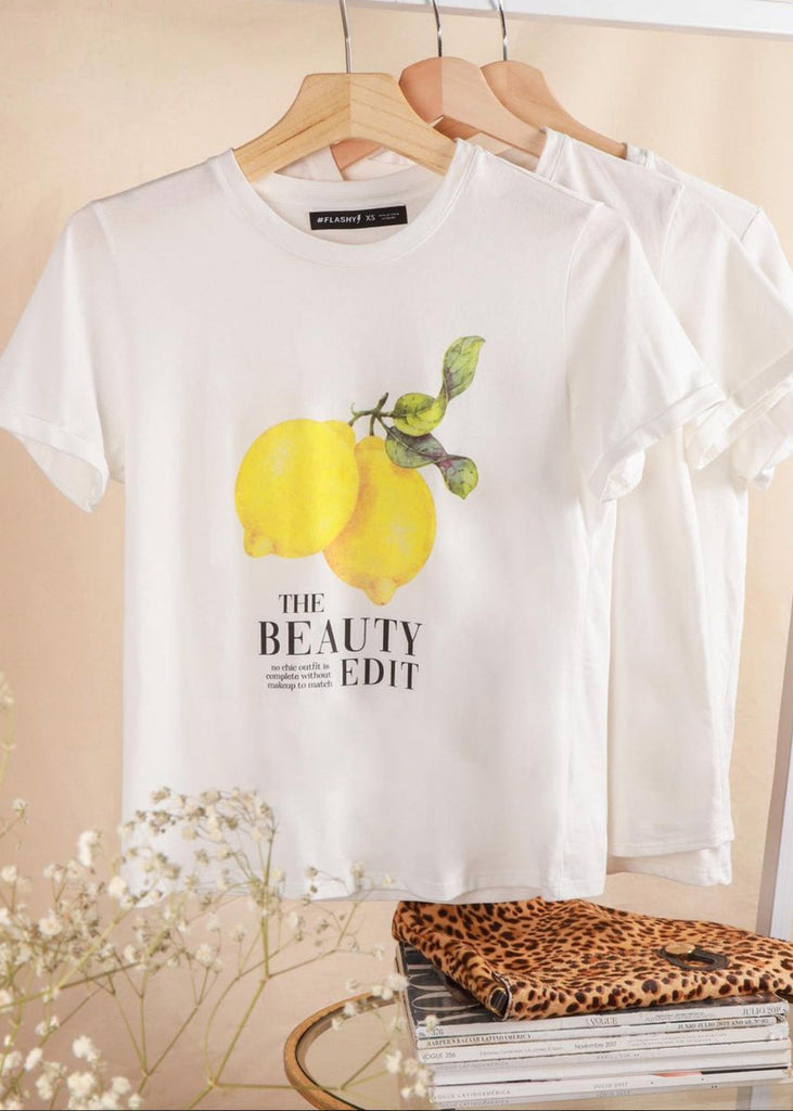 Camiseta con estampado de limones color blanco para mujer - Flashy