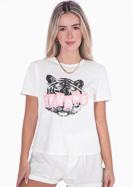 Camiseta con estampado de tigre "Savage" color marfil, blanco para mujer - Flashy