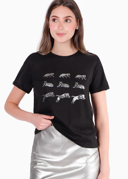 Camiseta con estampado de tigres color negro para mujer - Flashy
