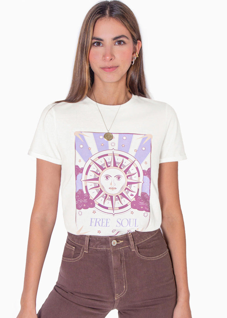 Camiseta con estampado "Free soul" color marfil para mujer - Flashy