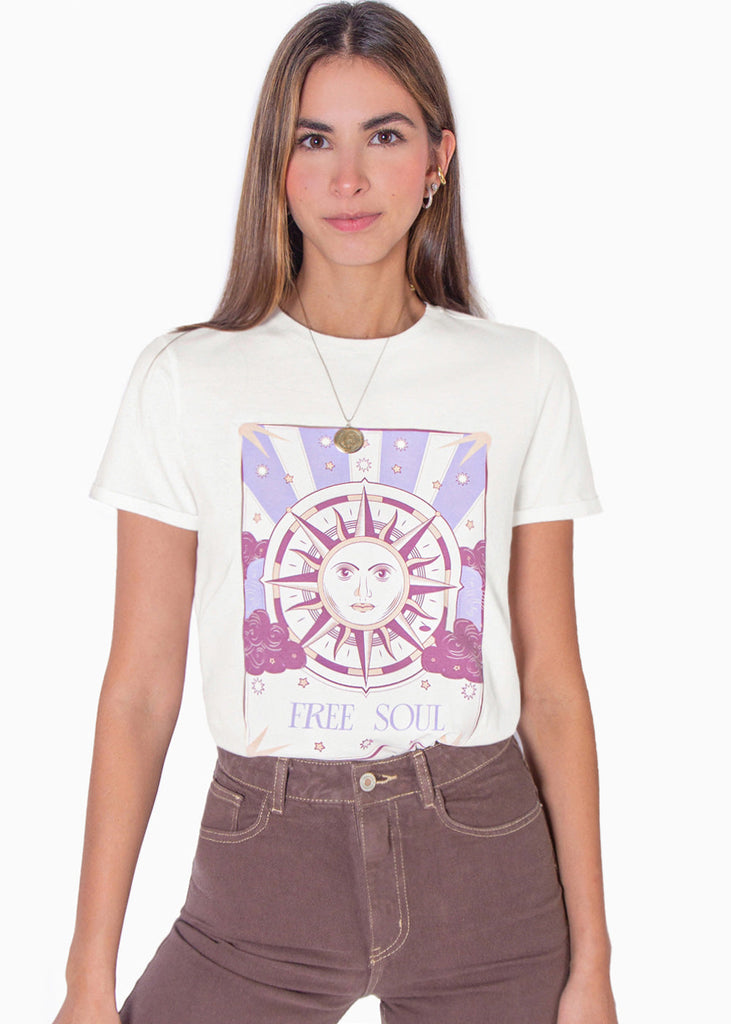 Camiseta con estampado "Free soul" color marfil para mujer - Flashy