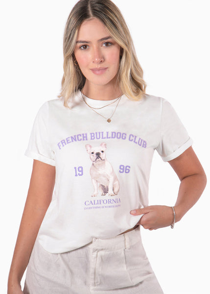Camiseta con estampado "French bulldog club" color blanco, marfil para mujer - Flashy