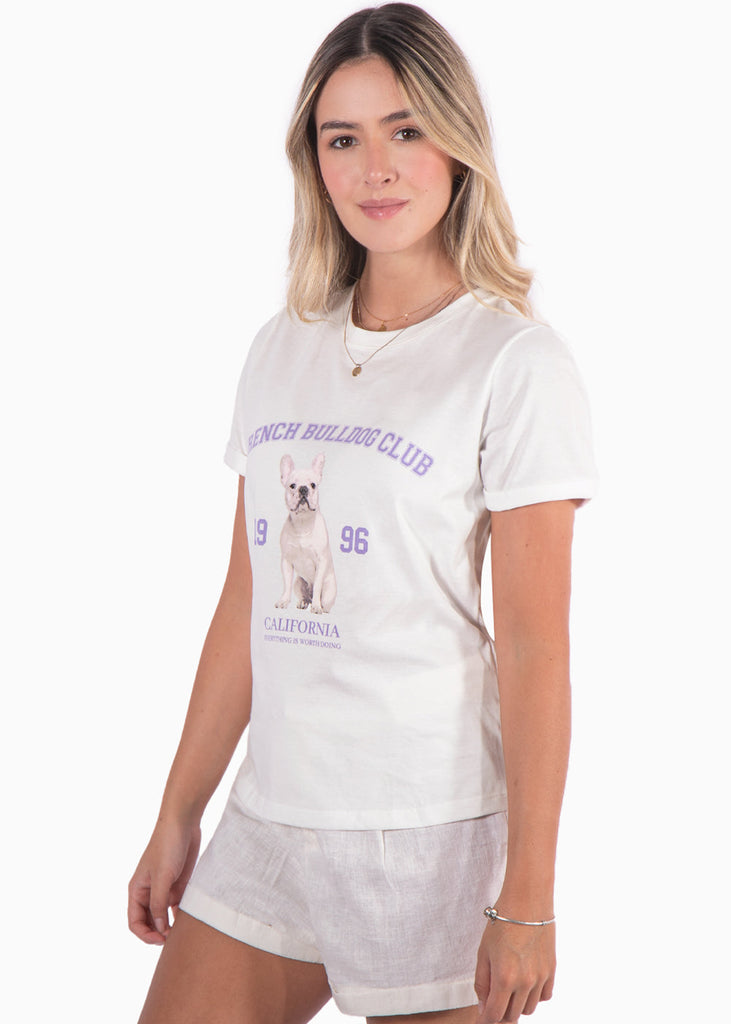Camiseta con estampado "French bulldog club" color blanco, marfil para mujer - Flashy