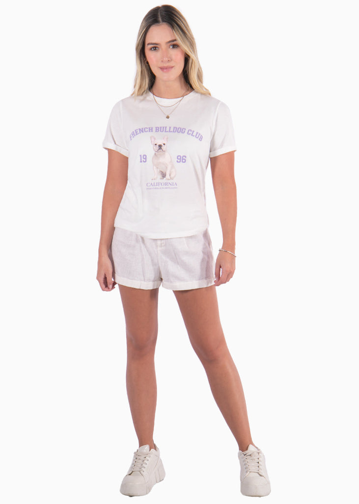 Camiseta con estampado "French bulldog club" color blanco, marfil para mujer - Flashy