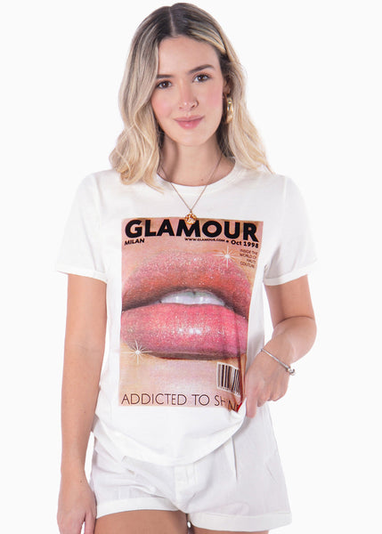 Camiseta con estampado "Glamour" y boca color blanco, marfil para mujer - Flashy