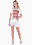Camiseta con estampado "Glamour" y boca color blanco, marfil para mujer - Flashy