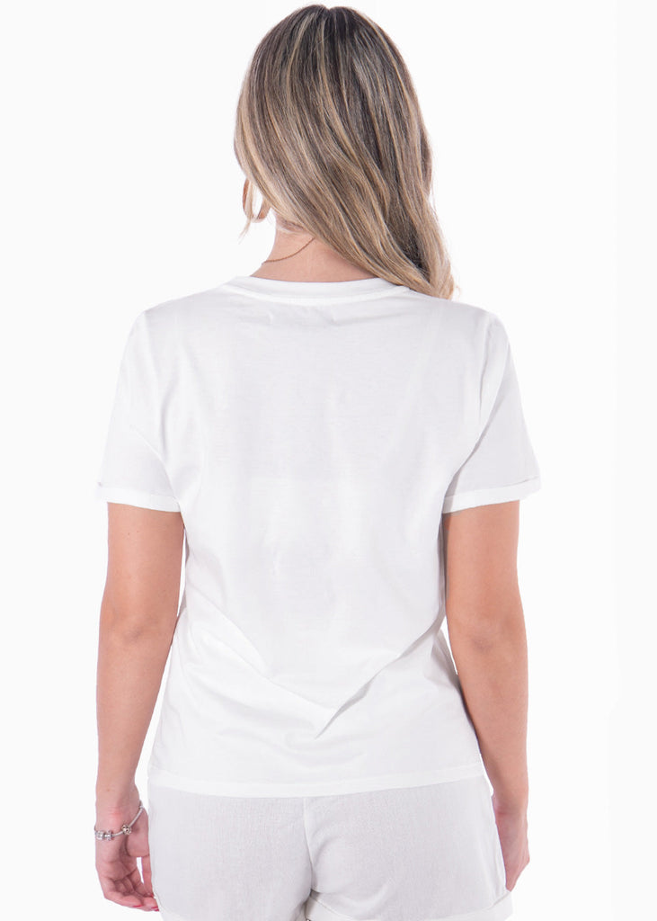 Camiseta con estampado "Glamour" y boca color blanco, marfil para mujer - Flashy