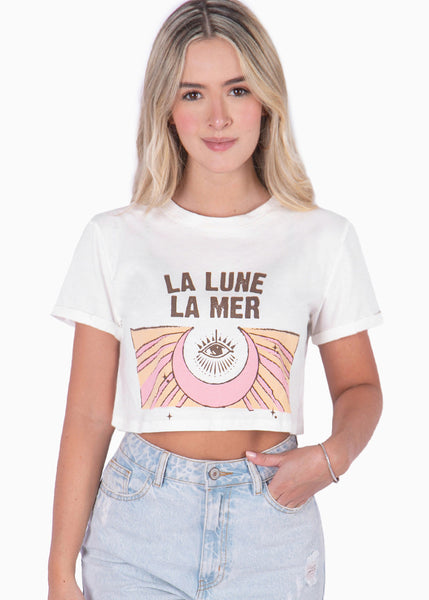 Camiseta con estampado "La lune, La mer" color marfil, blanco para mujer - Flashy