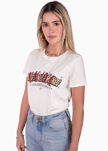 Camiseta con estampado "L'amore" de animal print color blanco para mujer - Flashy