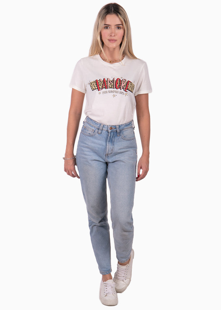 Camiseta con estampado "L'amore" de animal print color blanco para mujer - Flashy
