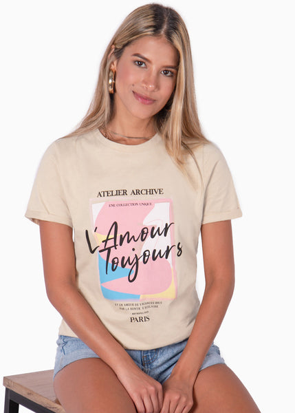 Camiseta con estampado "L'amour toujours" color beige para mujer - Flashy