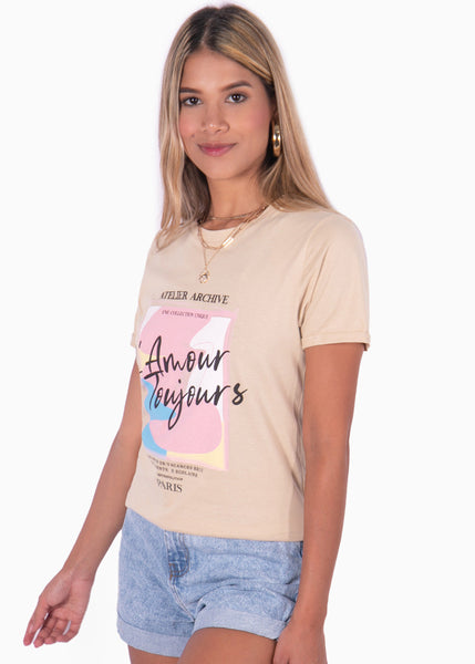 Camiseta con estampado "L'amour toujours" color beige para mujer - Flashy