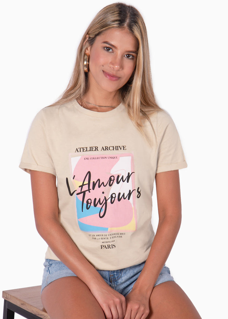 Camiseta con estampado "L'amour toujours" color beige para mujer - Flashy