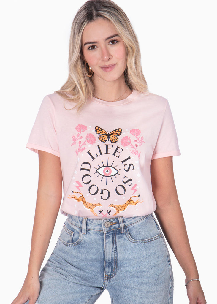 Camiseta con estampado "Life is so good" color rosado para mujer - Flashy