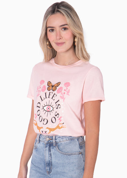 Camiseta con estampado "Life is so good" color rosado para mujer - Flashy