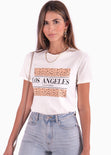 Camiseta con estampado "Los Angeles" y animal print color blanco para mujer - Flashy