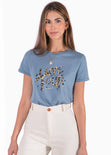 Camiseta con estampado "love tour" de animal print color azul para mujer - Flashy
