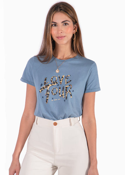 Camiseta con estampado "love tour" de animal print color azul para mujer - Flashy