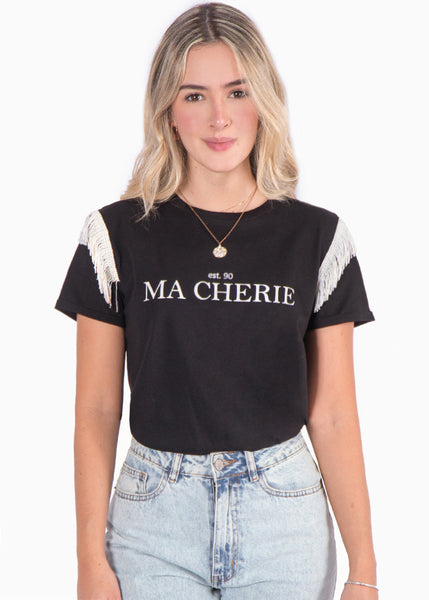 Camiseta con estampado "Ma cherie" manga corta con flecos color negro para mujer - Flashy