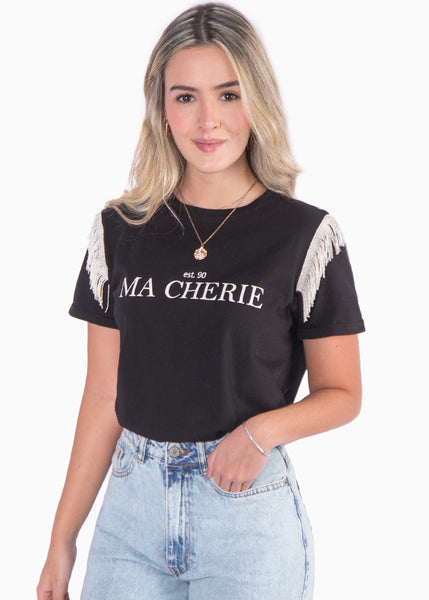 Camiseta con estampado "Ma cherie" manga corta con flecos color negro para mujer - Flashy
