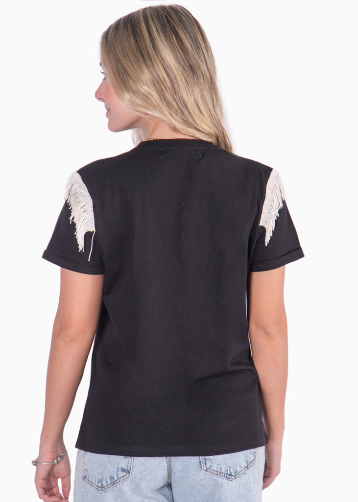 Camiseta con estampado "Ma cherie" manga corta con flecos color negro para mujer - Flashy