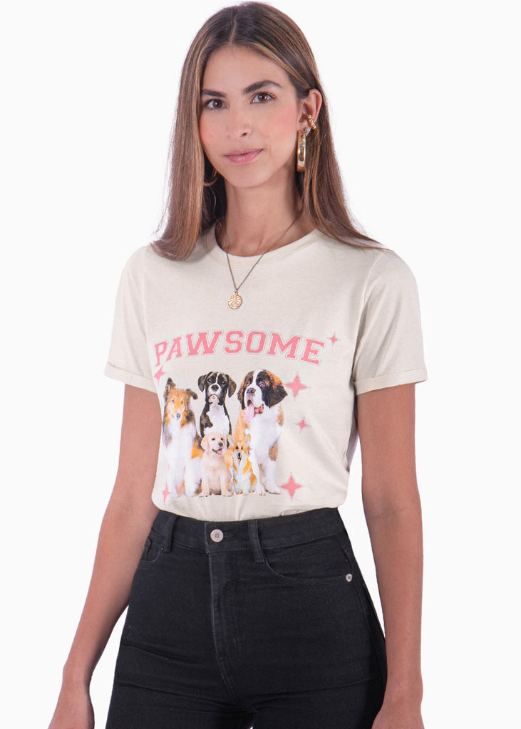 Camiseta con estampado "Pawsome" y perros color beige para mujer - Flashy