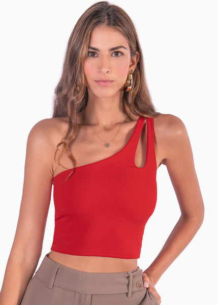 Crop top de un solo hombro color rojo para mujer - Flashy