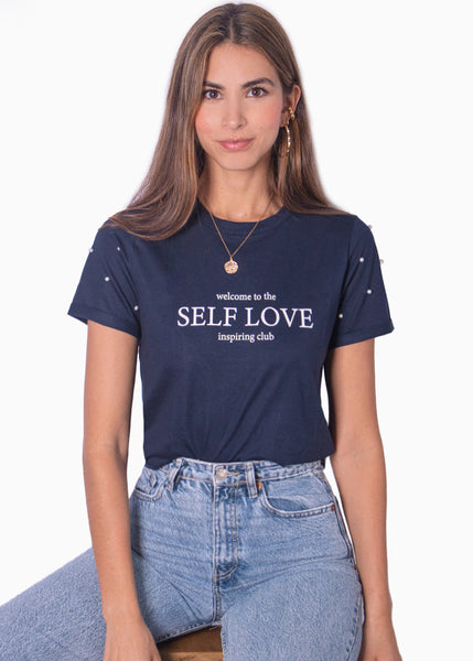 Camiseta con estampado "Self love" y perlas en mangas color azul para mujer - Flashy