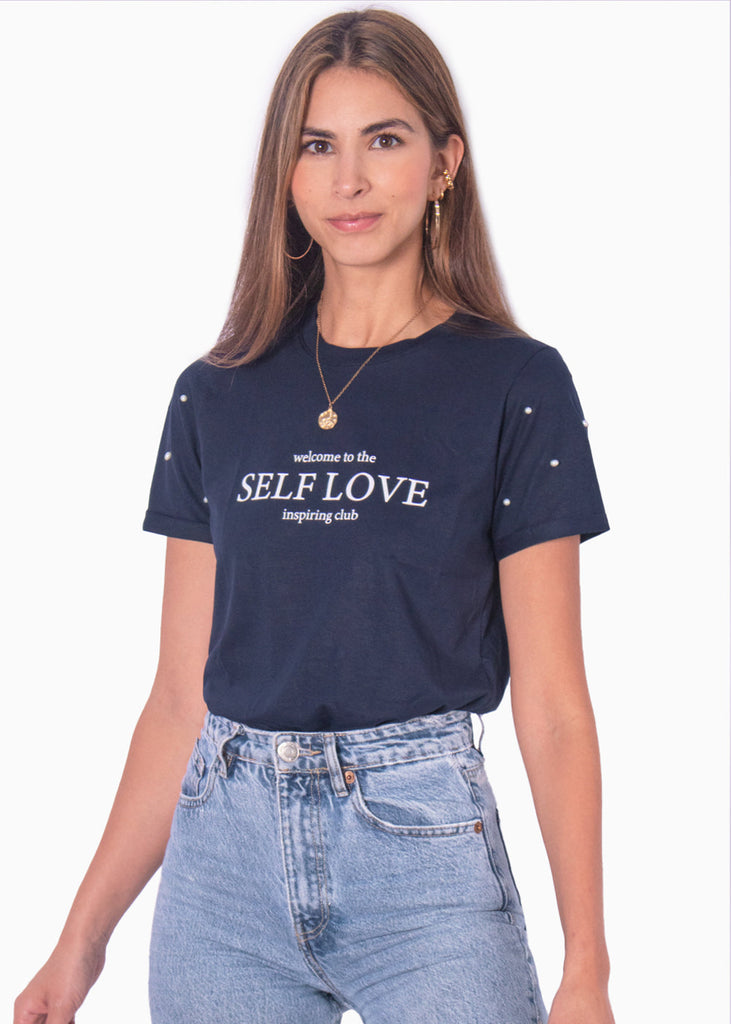 Camiseta con estampado "Self love" y perlas en mangas color azul para mujer - Flashy