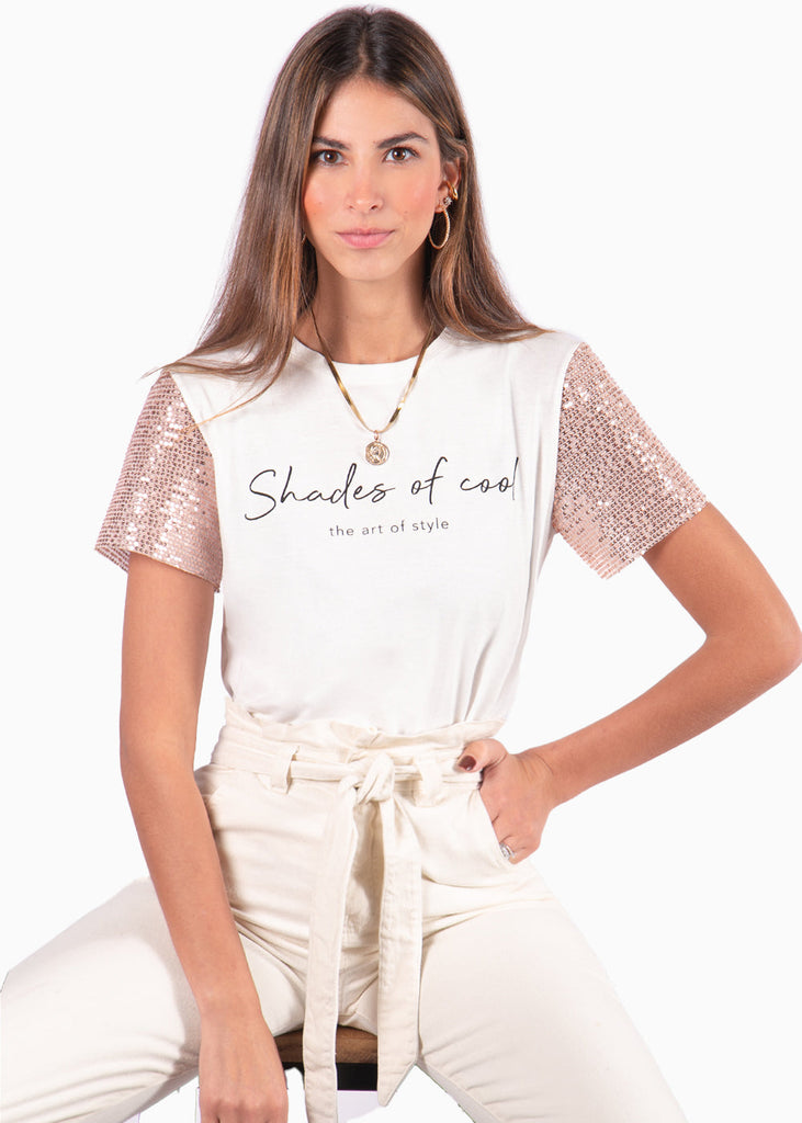 Camiseta con estampado "Shades of cool" y mangas de lentejuelas color blanco, marfil para mujer - Flashy