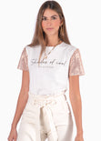 Camiseta con estampado "Shades of cool" y mangas de lentejuelas color blanco, marfil para mujer - Flashy