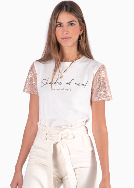 Camiseta con estampado "Shades of cool" y mangas de lentejuelas color blanco, marfil para mujer - Flashy