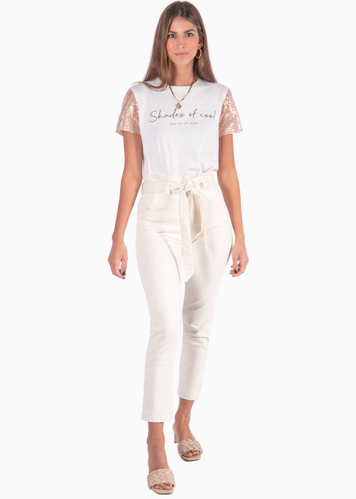 Camiseta con estampado "Shades of cool" y mangas de lentejuelas color blanco, marfil para mujer - Flashy