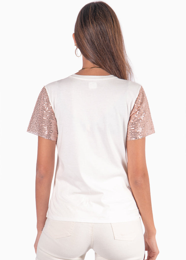 Camiseta con estampado "Shades of cool" y mangas de lentejuelas color blanco, marfil para mujer - Flashy
