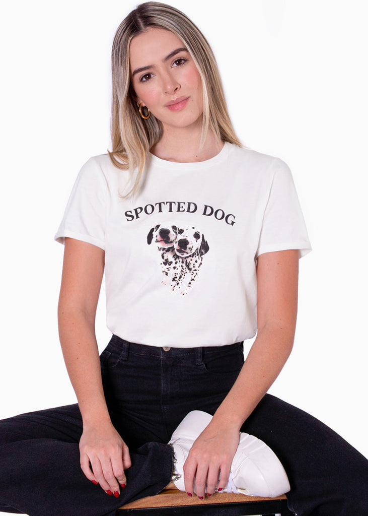 Camiseta con estampado "Spotted dog" de perritos color marfil para mujer - Flashy