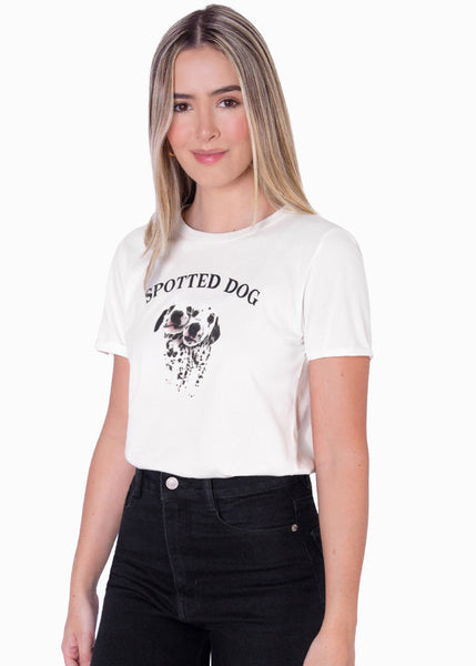 Camiseta con estampado "Spotted dog" de perritos color marfil para mujer - Flashy