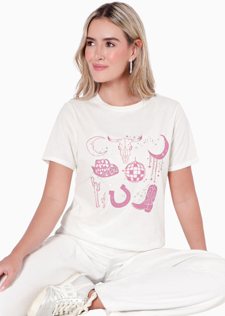 Camiseta con estampado texano color blanco, marfil para mujer - Flashy