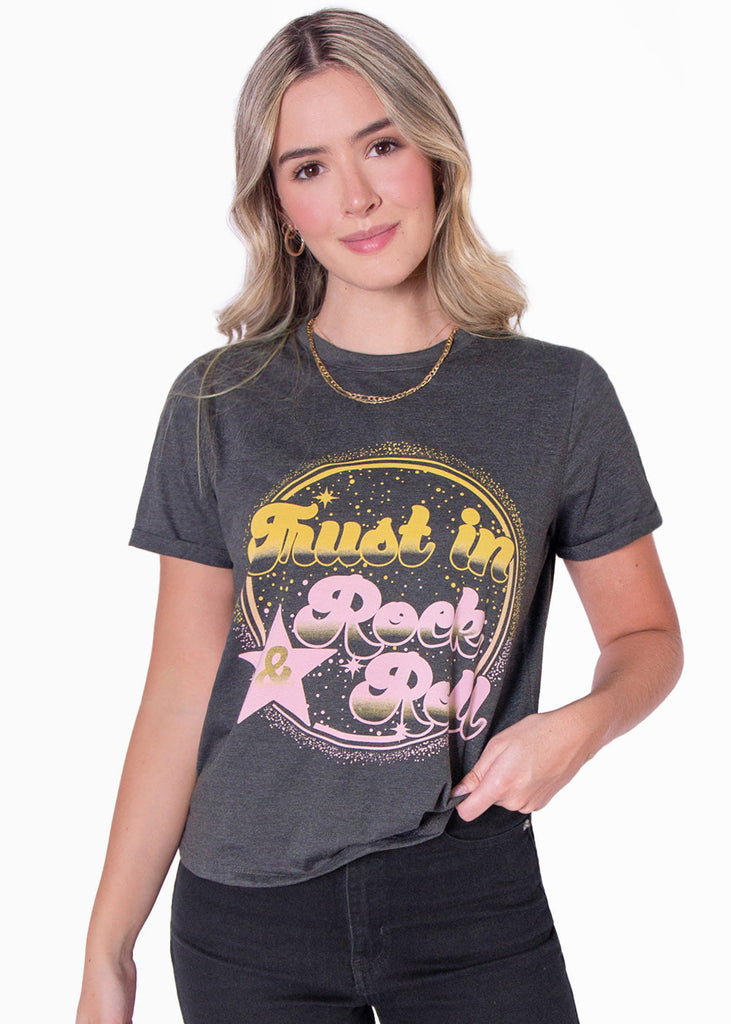 Camiseta con estampado "Trust in rock & roll" color gris para mujer - Flashy