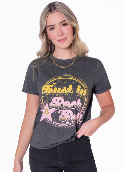 Camiseta con estampado "Trust in rock & roll" color gris para mujer - Flashy