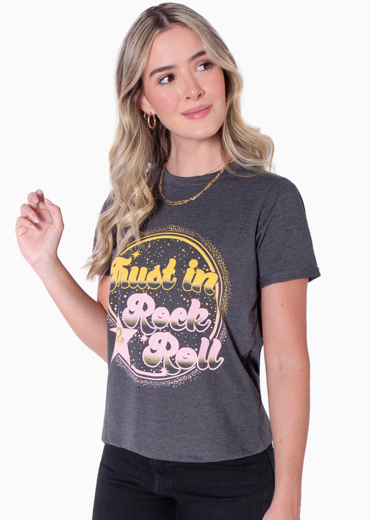Camiseta con estampado "Trust in rock & roll" color gris para mujer - Flashy