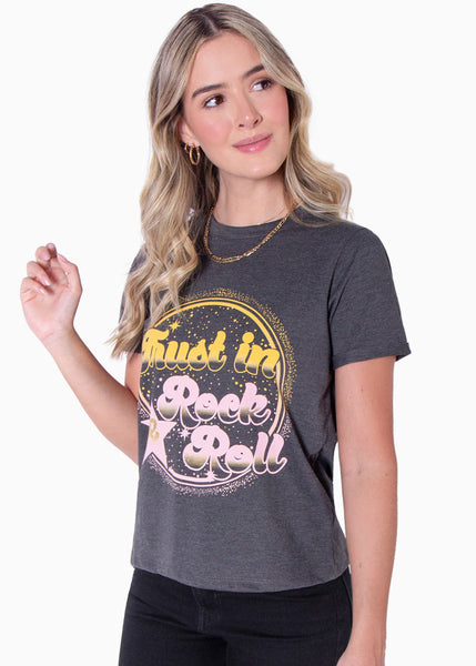 Camiseta con estampado "Trust in rock & roll" color gris para mujer - Flashy
